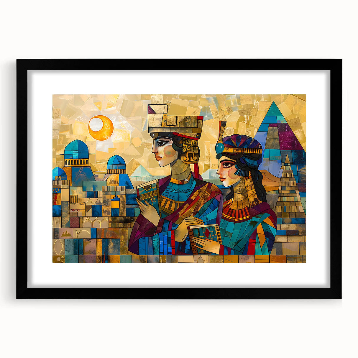 Colorful abstract art print depicting a Middle Eastern scenery in vibrant hues on a large, framed canvas.