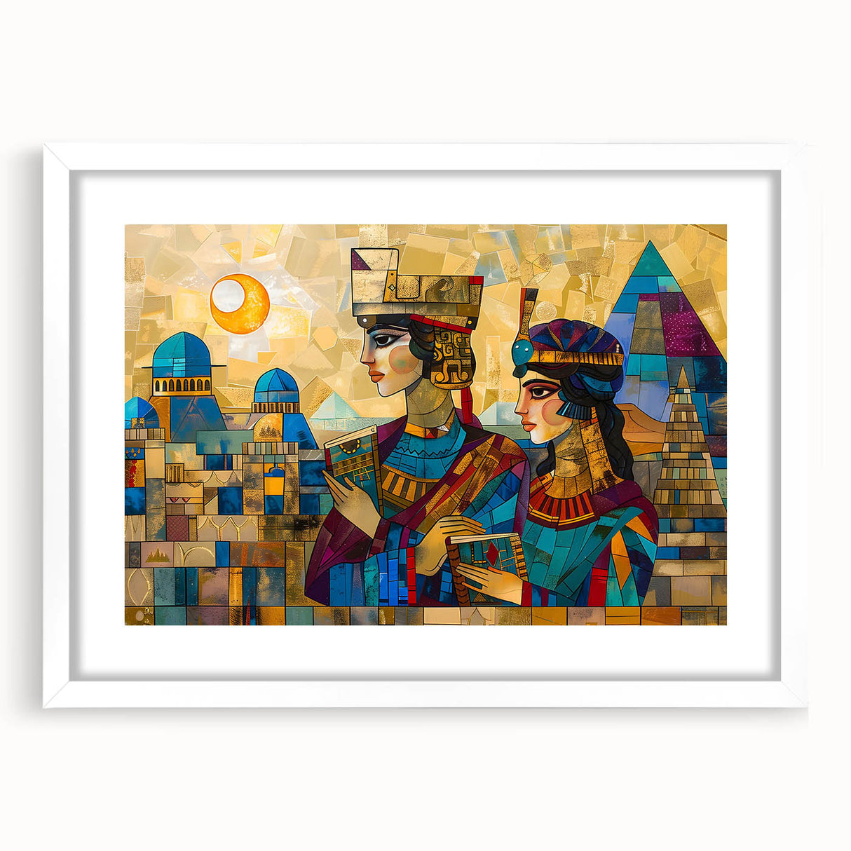 Abstract art print of a Middle Eastern landscape in muted earth tones, framed with a white mat.
