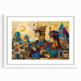 Abstract art print of a Middle Eastern landscape in muted earth tones, framed with a white mat.