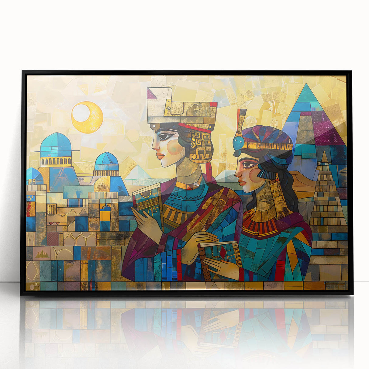 Large abstract wall art depicting a Middle Eastern Iraqi landscape in muted earth tones on a framed acrylic print.