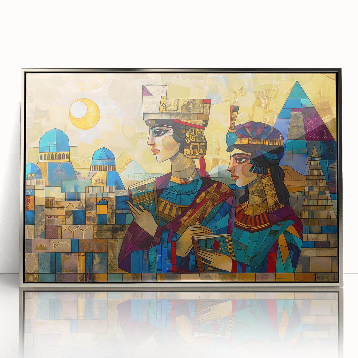 Mid-century modernist art of an abstract Middle Eastern landscape in muted earth tones, acrylic print in a silver frame.