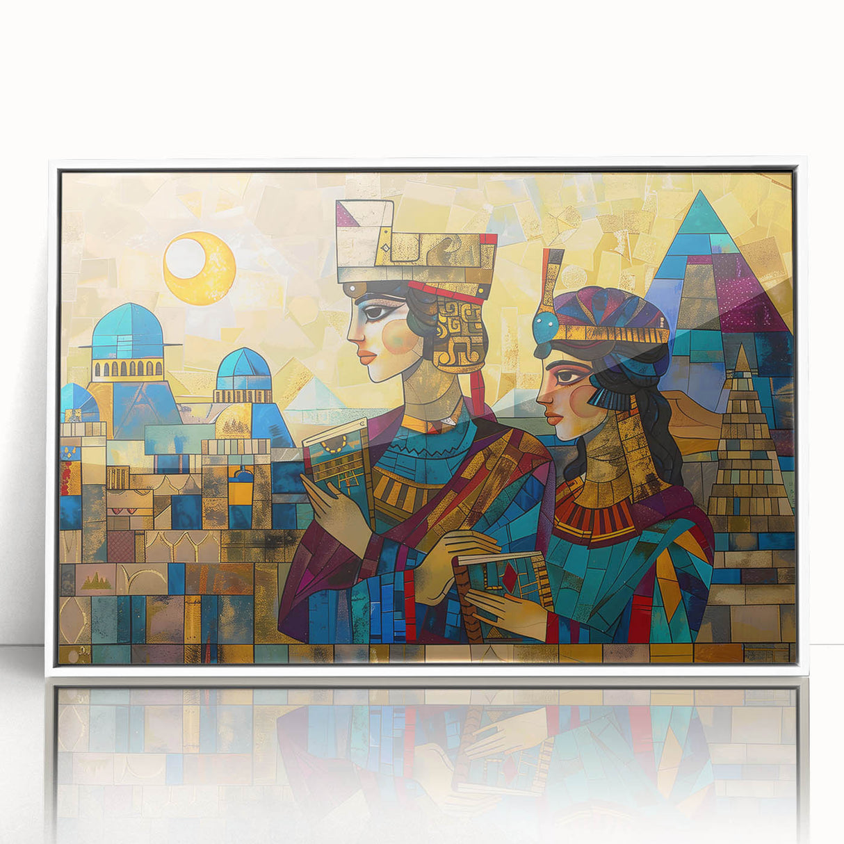 Acrylic print of a modern art depiction of Middle Eastern scenery, framed in white, ideal for nursery wall decor.