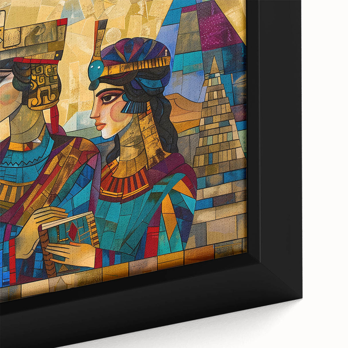 Textured black wall art depicting a Middle Eastern Iraqi scenery in vibrant colors on a framed canvas.