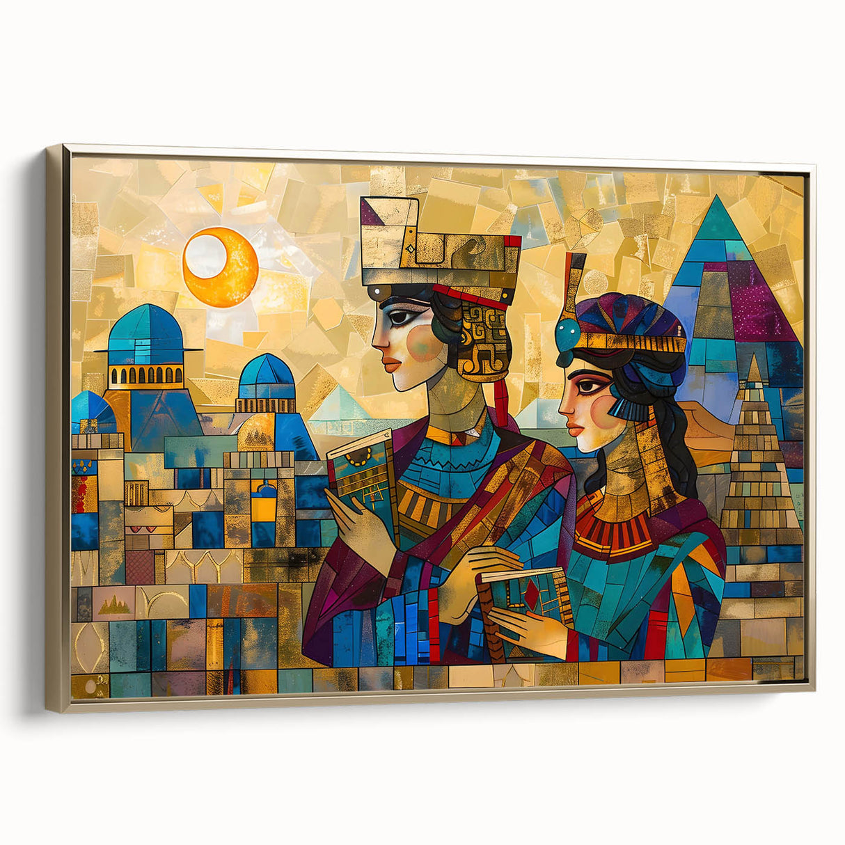 Framed canvas depicting an Iraqi landscape with golden hues and black accents, suitable for bedroom wall art.