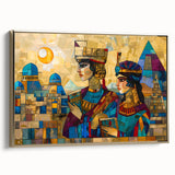 Framed canvas depicting an Iraqi landscape with golden hues and black accents, suitable for bedroom wall art.