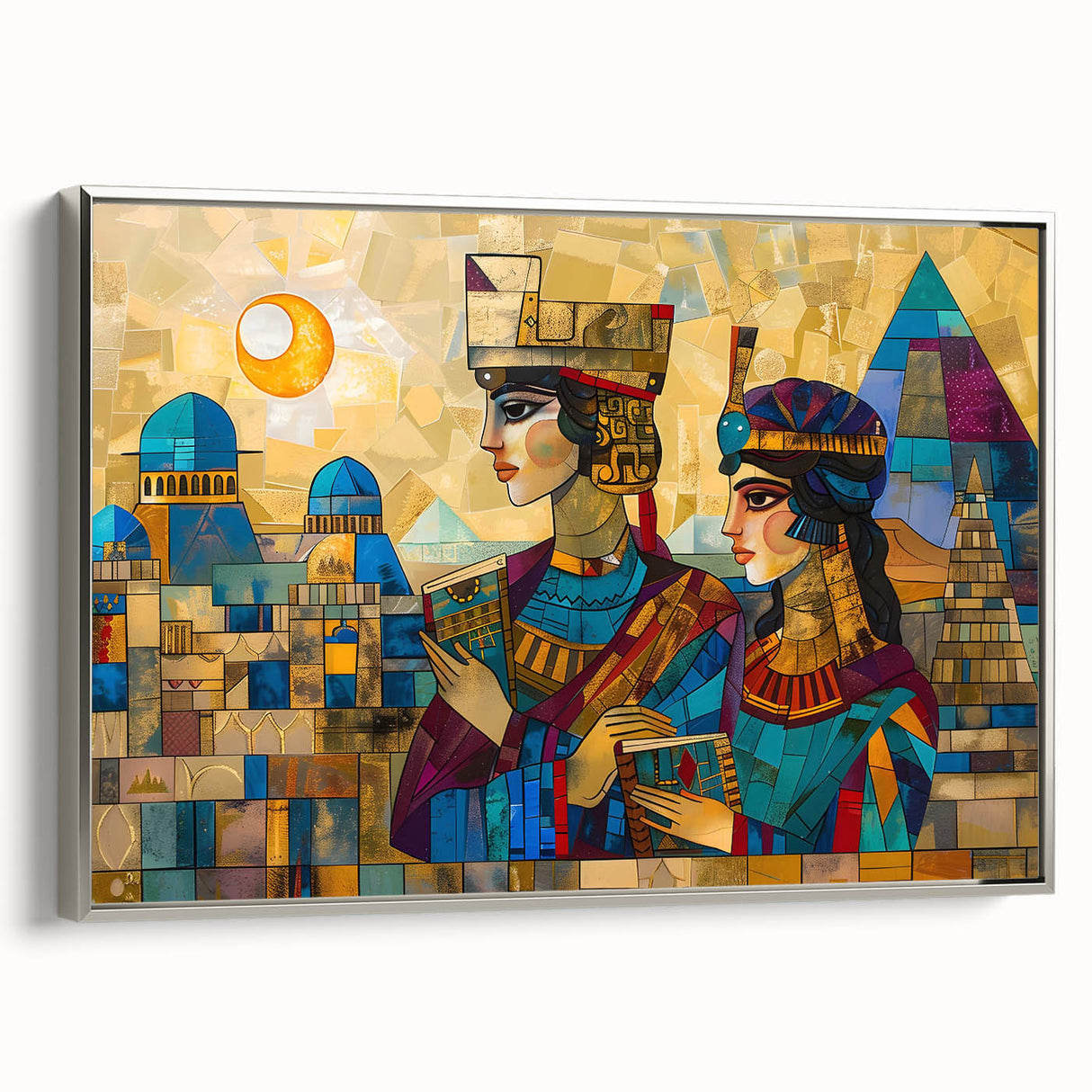 Framed canvas featuring a vintage-style landscape painting of a Middle Eastern scene in muted earth tones.