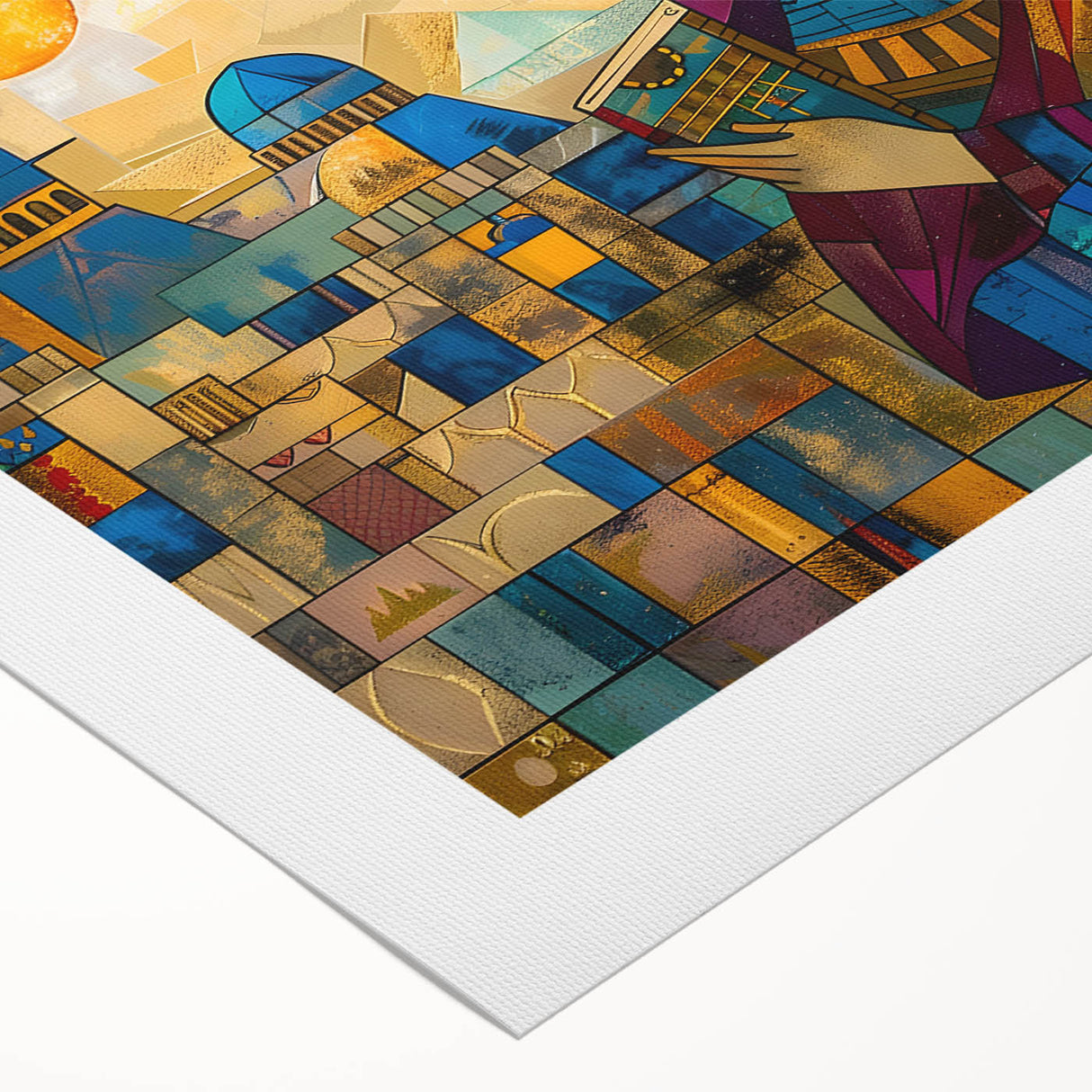 Art deco poster of a Middle Eastern landscape in muted earth tones on rolled canvas, suitable for dining room decor.