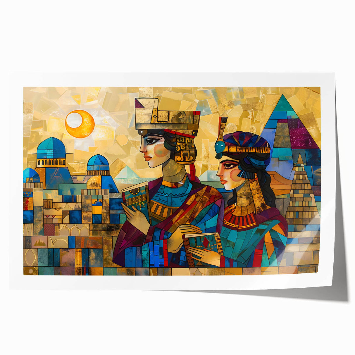 Extra large rolled print of a Middle Eastern Iraqi scenery with vibrant floral elements, ideal for art wall dining room.