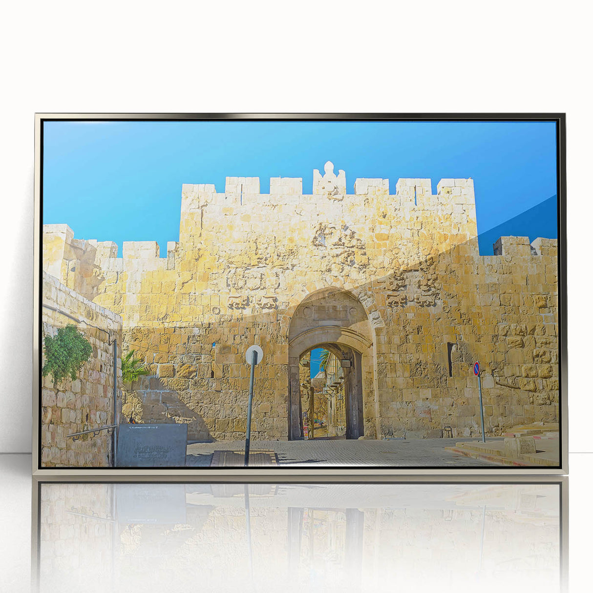 Mid-century modernist art depicting Jerusalem skyline in muted silver tones on framed acrylic.