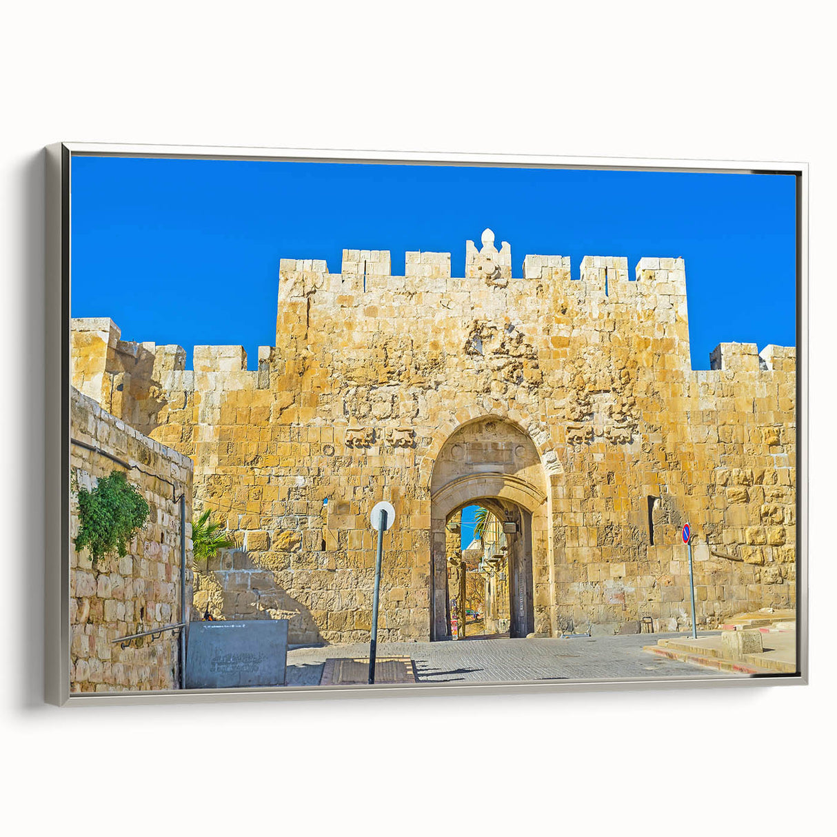 Framed canvas landscape art painting depicting Jerusalem scenery in vintage poster style with a palette of black and…