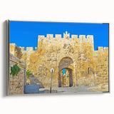 Framed canvas landscape art painting depicting Jerusalem scenery in vintage poster style with a palette of black and…