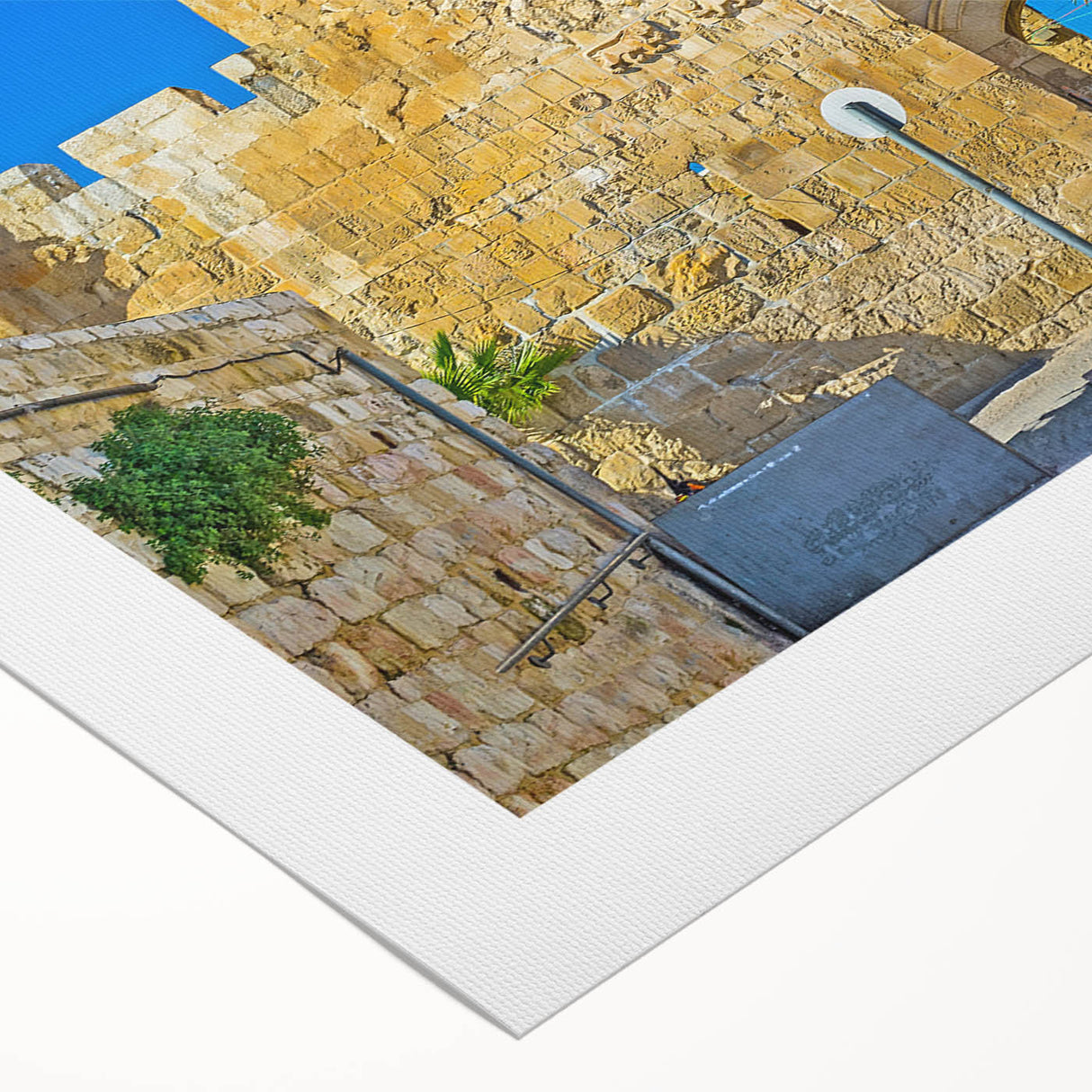Art deco poster of Jerusalem skyline in muted gold and brown tones on rolled canvas, suitable for dining room wall art.