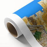 Art deco poster of Jerusalem skyline in muted gold and blue tones on rolled canvas, ideal for nursery wall art.