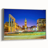 Framed canvas landscape art painting of Tel Aviv with vintage poster style, featuring black and colorful art tones.