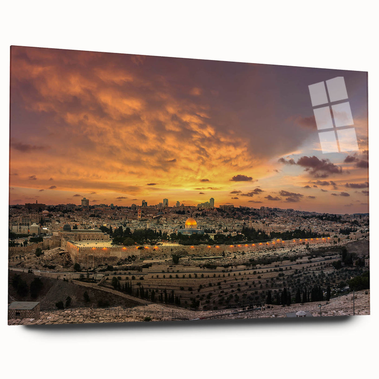 Large abstract wall art depicting Middle East scenery in muted earth tones on acrylic glass.