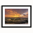 Extra large abstract art print of a Middle Eastern scenery in vibrant colors on a textured canvas, framed in black.