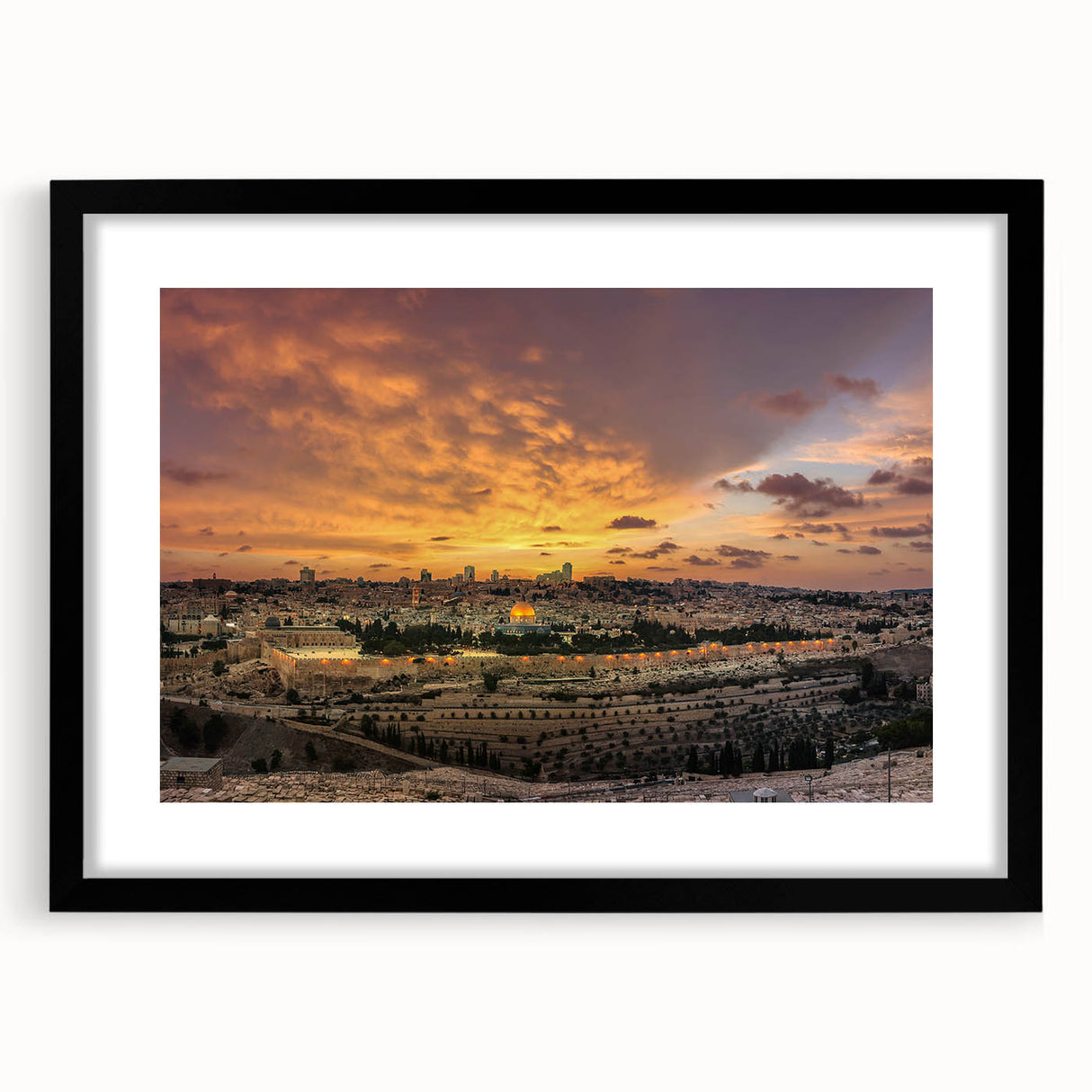 Extra large abstract art print of a Middle Eastern scenery in vibrant colors on a textured canvas, framed in black.