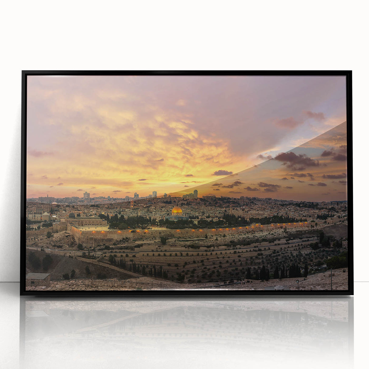 Large abstract wall art depicting a Middle Eastern scenery in muted earth tones on framed acrylic.
