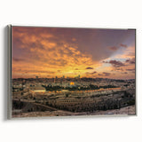 Framed canvas featuring a vintage-style landscape painting of a Middle Eastern scenery in colorful tones.