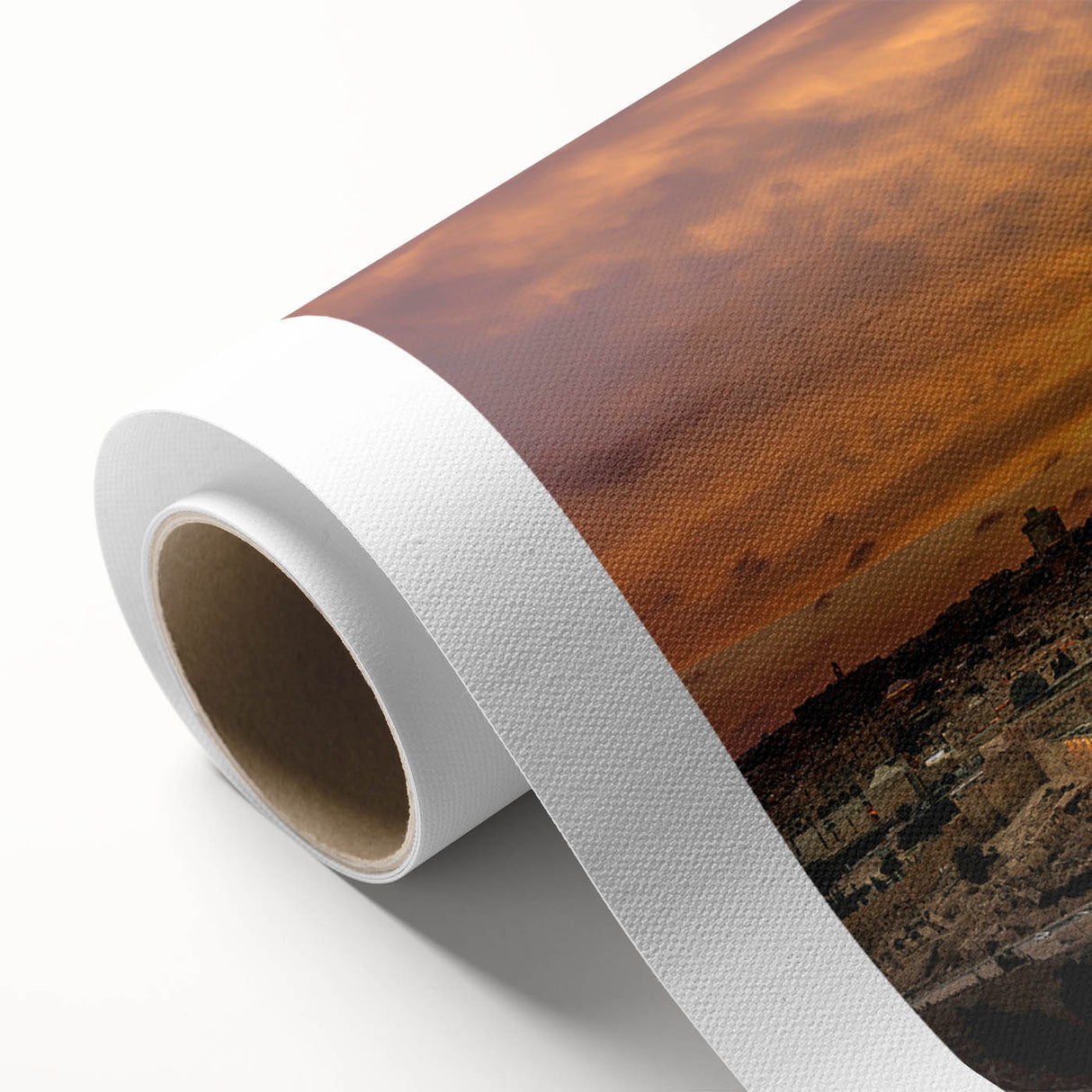 Art deco poster of a Middle Eastern landscape, featuring soft earth tones on rolled canvas.