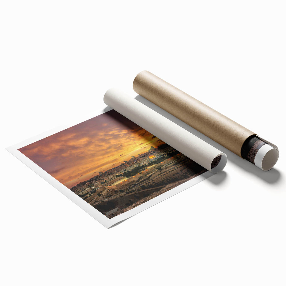 Extra large rolled print of Middle-Eastern scenery with floral elements in muted earth tones.