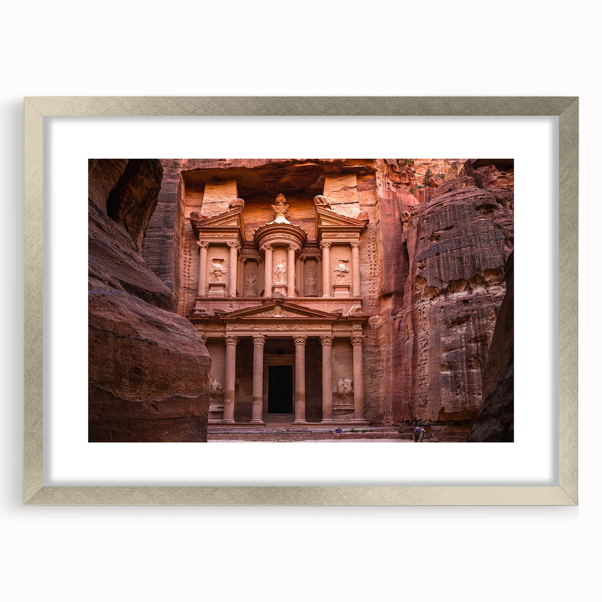 Textured abstract art print of Jordan scenery in muted earth tones on a framed canvas, ideal for bedroom art.