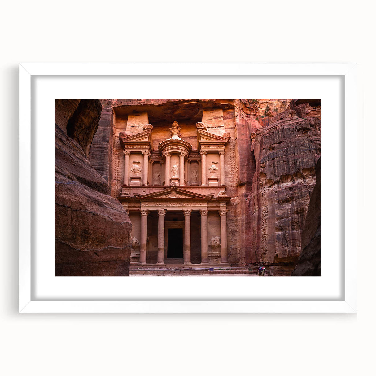 Abstract art print of a Jordanian landscape in muted earth tones on a framed white mat, suitable for dining room decor.
