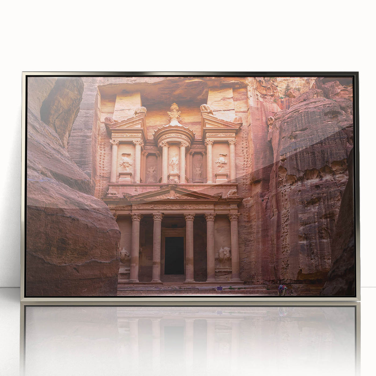 Mid-century modernist art depicting a Jordanian landscape in muted earth tones on a framed acrylic.