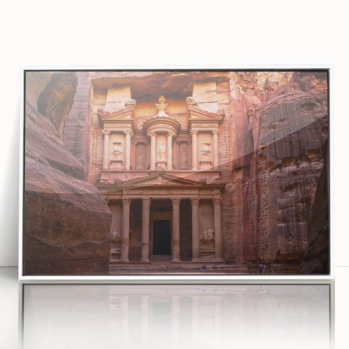 Art Deco poster featuring a serene Jordanian landscape in muted earth tones, framed in white acrylic.