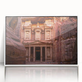 Art Deco poster featuring a serene Jordanian landscape in muted earth tones, framed in white acrylic.