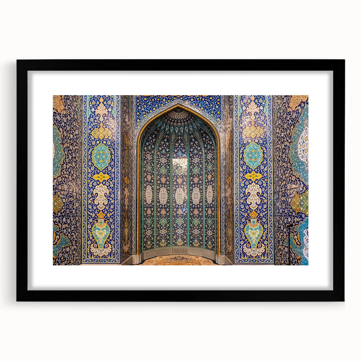 Abstract art print featuring a colorful, textured depiction of Middle-Eastern scenery in an extra large black frame.