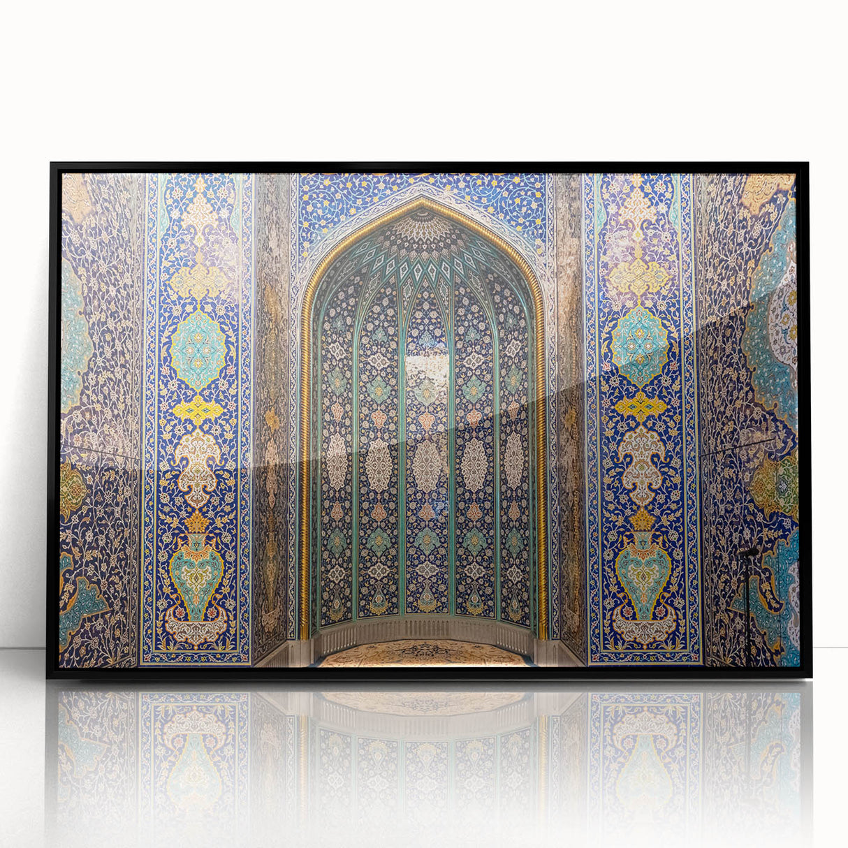 Large abstract wall art depicting a Middle Eastern Oman scenery in muted earth tones on a framed acrylic.