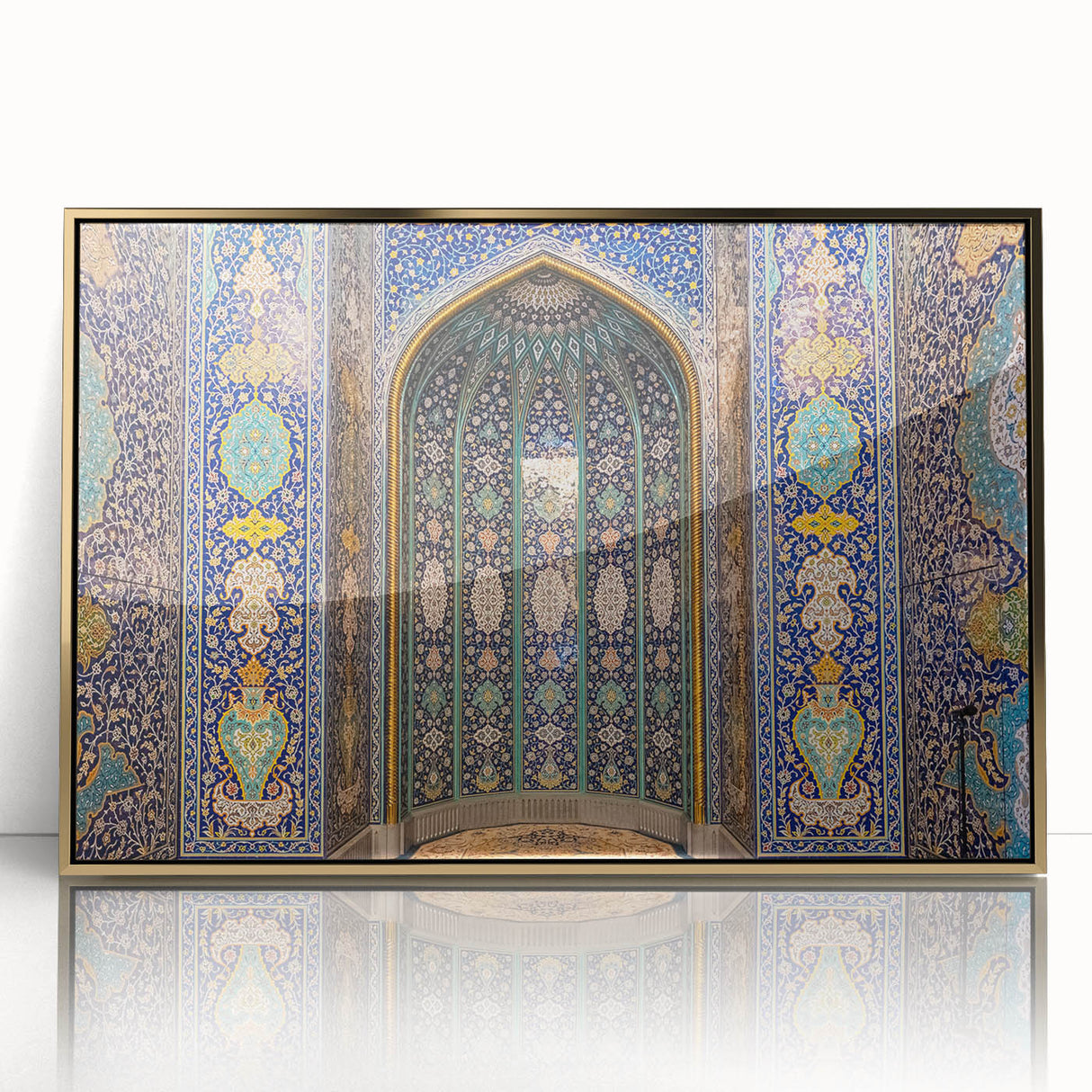 Large acrylic print of an Omani landscape in gold tones, framed, mid-century modernist style.