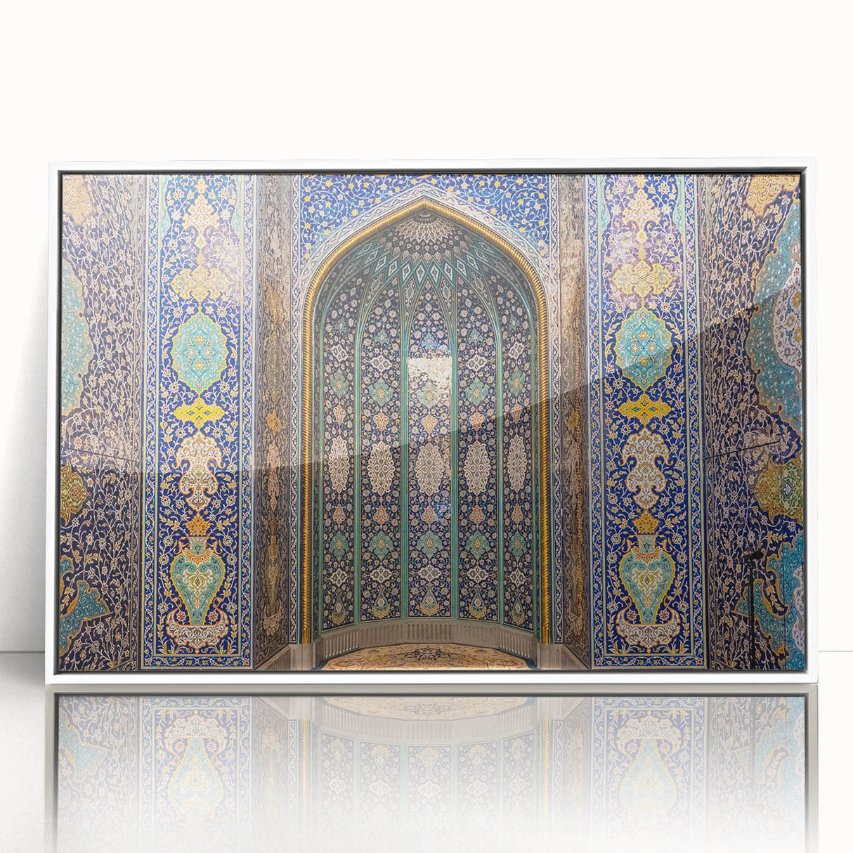 Acrylic print of an Omani landscape in muted earth tones, framed in white, suitable for modern art wall decor.