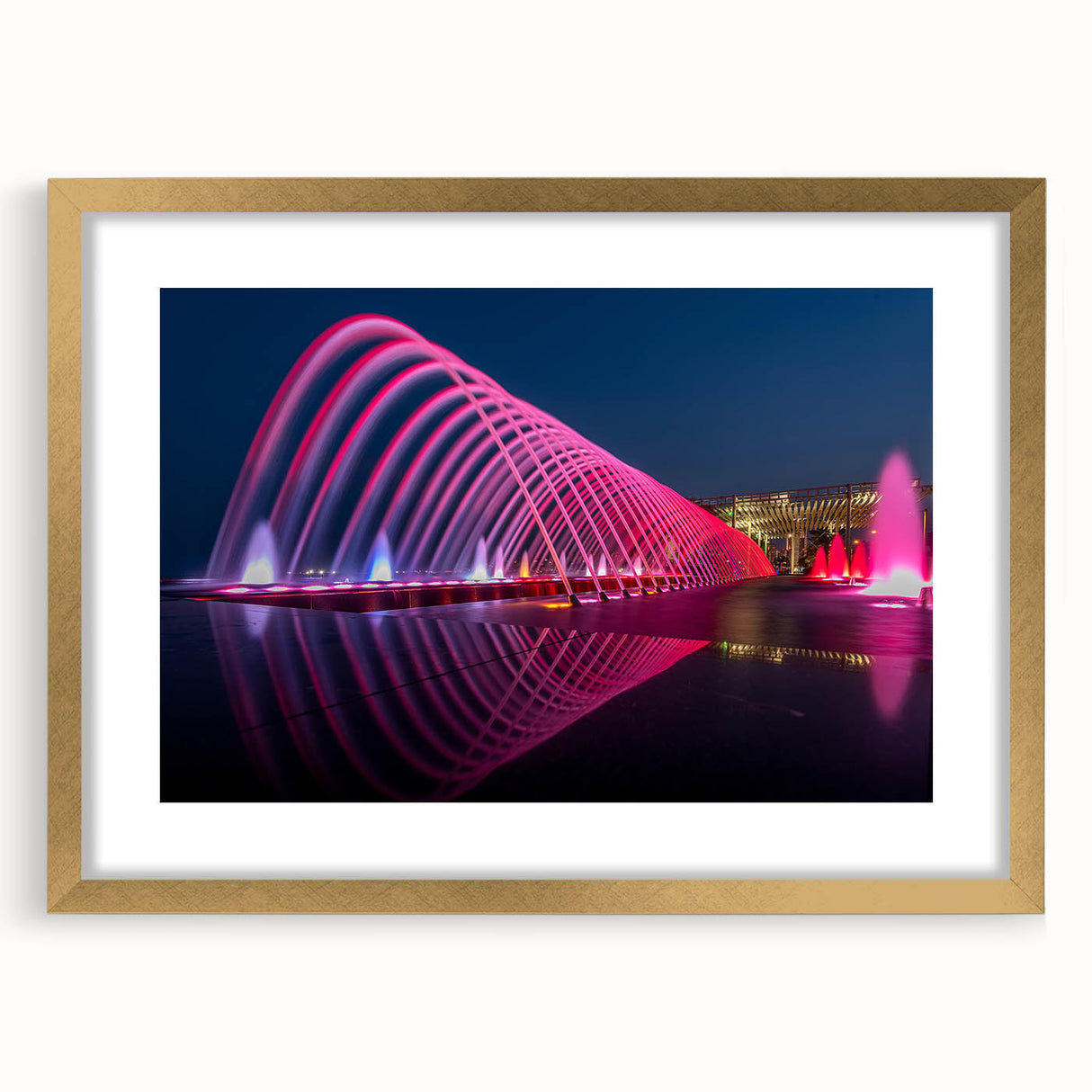 Extra large abstract art print of a Middle Eastern Qatar scenery in a gold frame with mat.