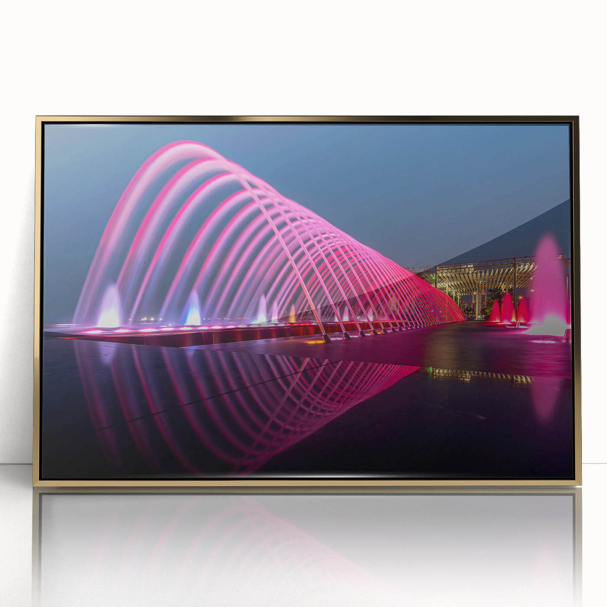 Mid-century modernist style large art print of a Qatar scenery in gold tones on framed acrylic.