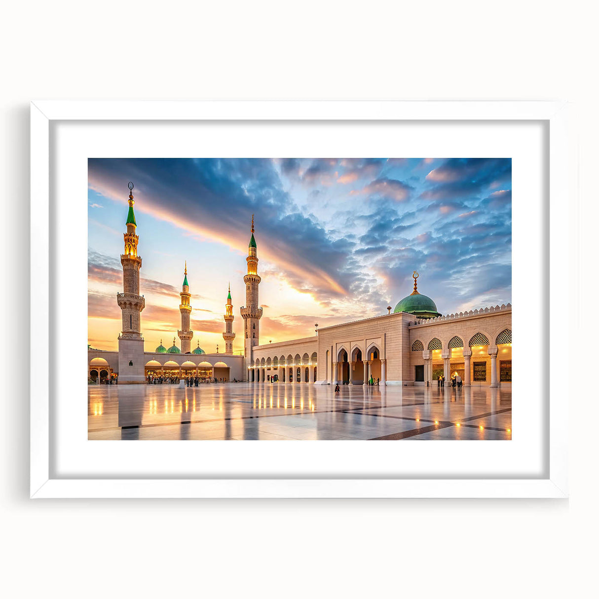 Abstract art print depicting a stylized Middle Eastern landscape in muted earth tones, framed with a white mat.