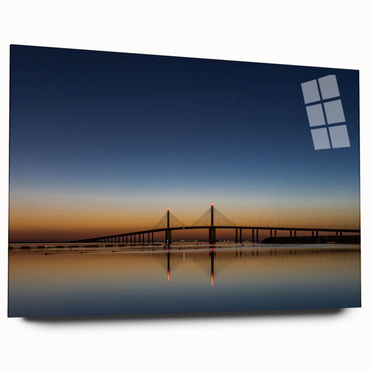 Large abstract wall art of Abu Dhabi scenery in muted blue and gray tones on acrylic glass.