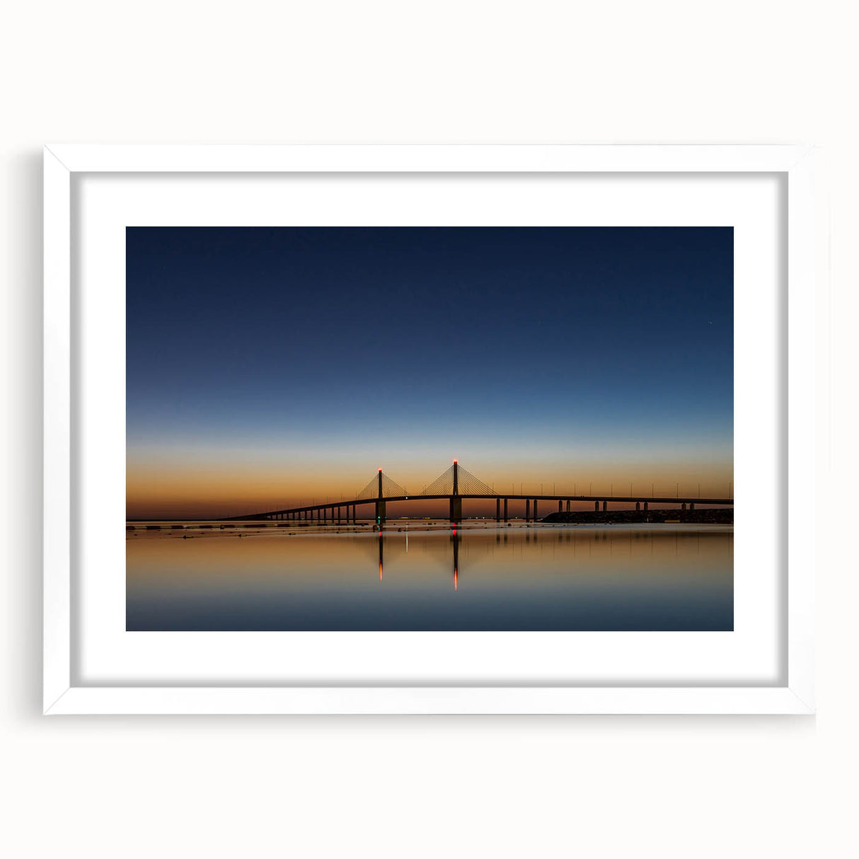 Abstract art print of Abu Dhabi skyline in muted blue and gray tones on a framed white mat, ideal for dining room decor.