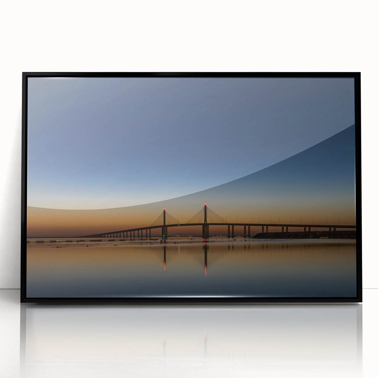 Large abstract wall art featuring a stylized Abu Dhabi skyline in muted blue and gray tones on a framed acrylic canvas.