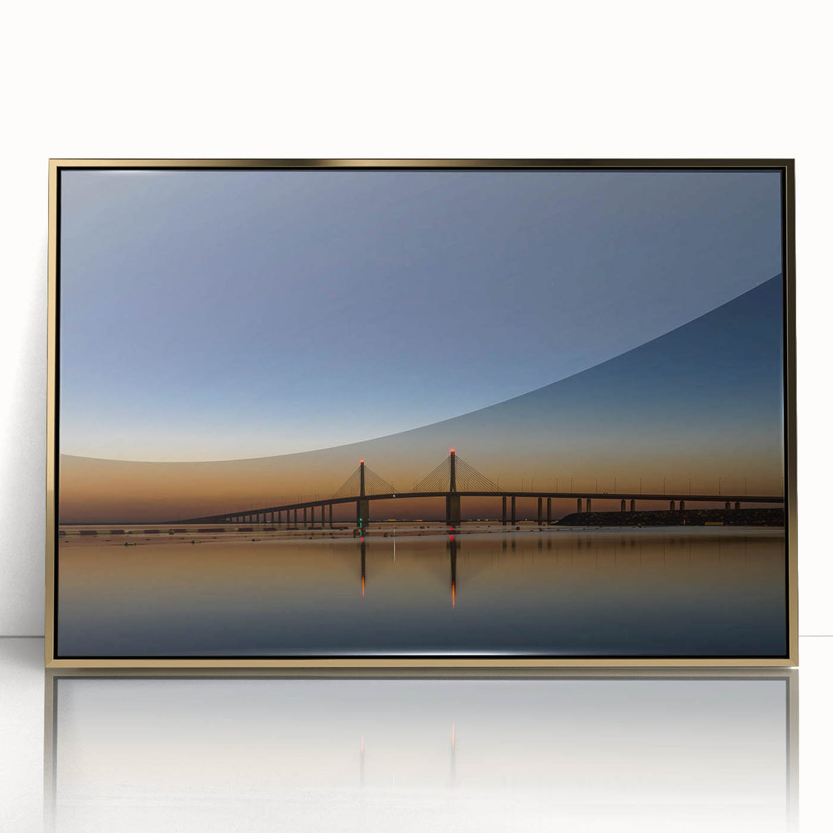 Large art print of Abu Dhabi skyline in gold tones on acrylic, framed, ideal for modern art wall decor.