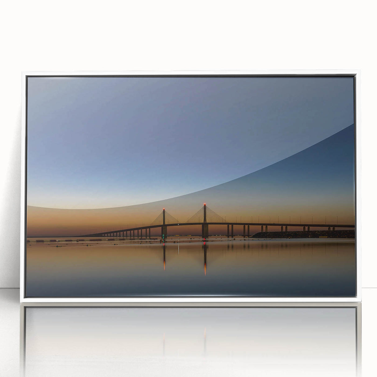 Modern art deco style poster of Emirates Abu Dhabi skyline in muted gray and white tones, framed acrylic.