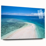 Large abstract wall art of a serene Fiji beach scene, printed on acrylic glass, suitable for bedroom or dining room decor.