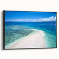 Black and white wall art featuring a serene Fiji landscape on framed canvas, ideal for bedroom ambiance.