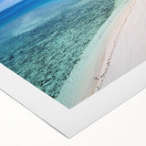 Art deco poster featuring a serene Fiji landscape in muted blue and green tones on rolled canvas.