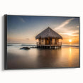 Black and white framed canvas of Bora Bora landscape, ideal for bedroom wall art.
