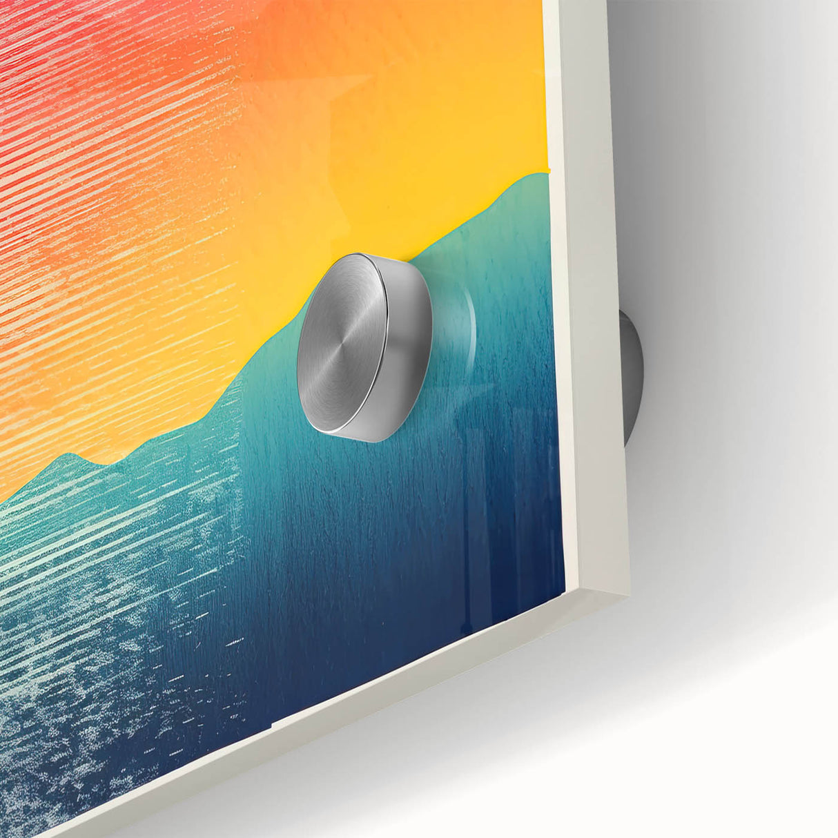 Large abstract wall art of Tahitian scenery in muted oceanic blues and greens on acrylic glass.