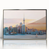Mid-century modernist art depicting the Auckland skyline in muted blue tones on a framed acrylic print.