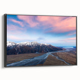Black and white framed canvas depicting a vintage-style landscape of Canterbury, New Zealand, ideal for bedroom wall art.