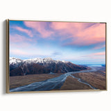 Framed canvas featuring a vintage-style landscape painting of Canterbury, New Zealand in muted earth tones.